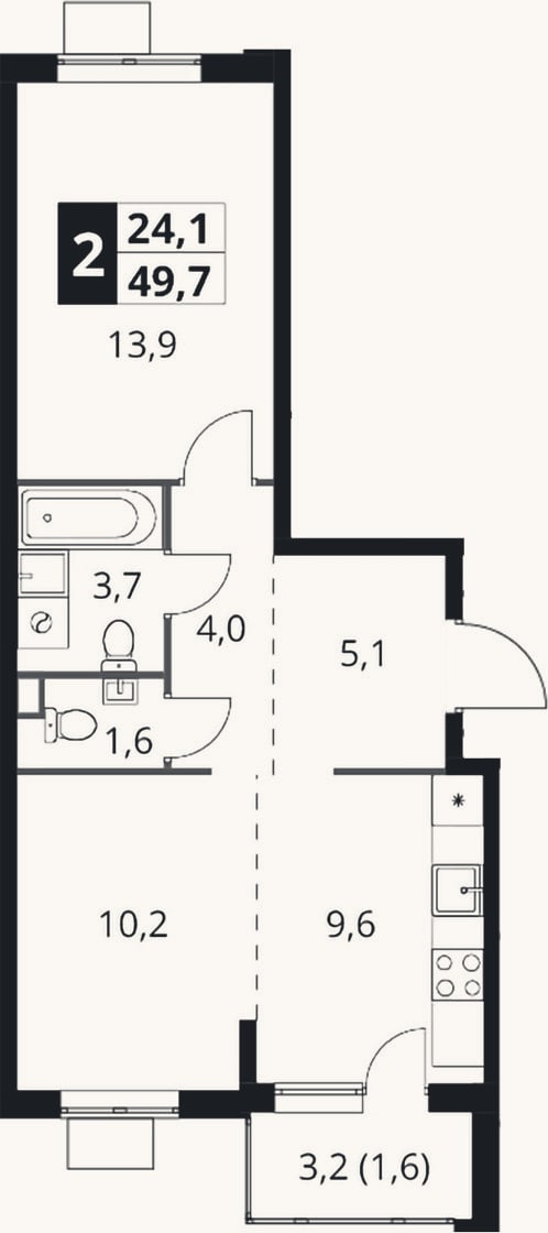 Планировка: 2-к, 48,1 м²