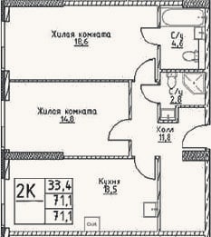 Планировка: 2-к, 71,1 м²