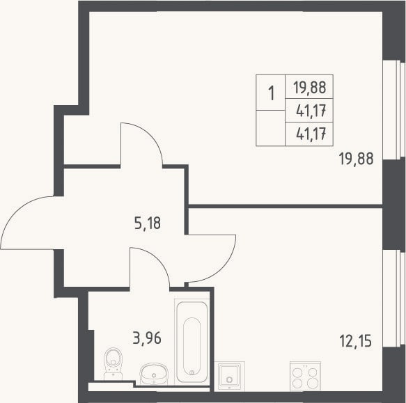 Планировка: 1-к, 41,2 м²