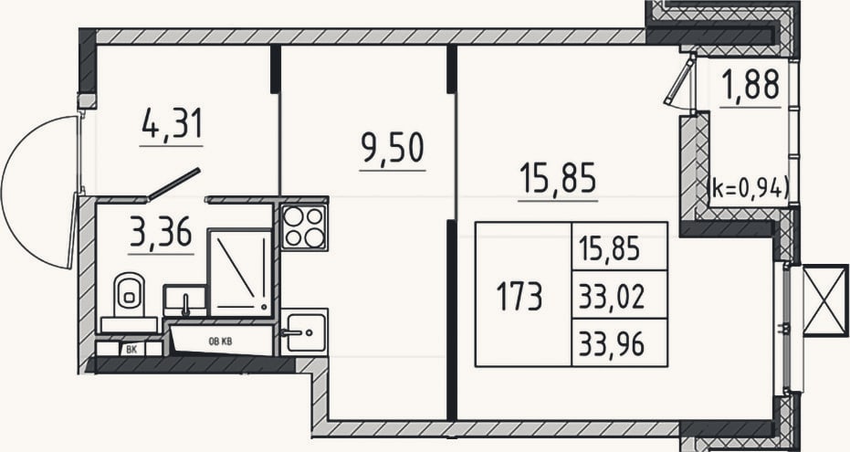 Планировка: Студия, 33 м²