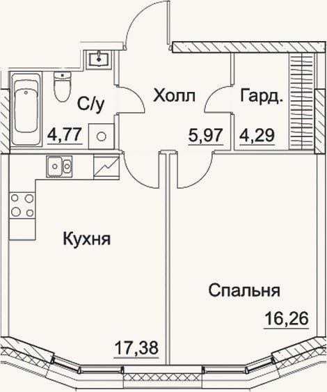 Планировка: 1-к, 48,7 м²