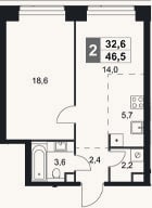 Планировка: 2-к, 46,5 м²