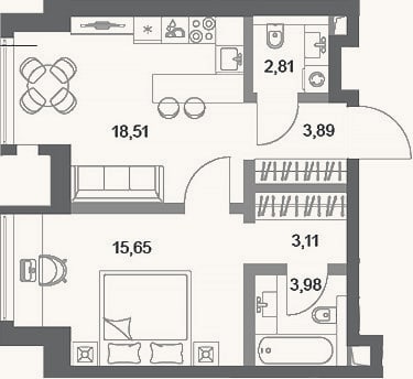 Планировка: 1-к, 48 м²