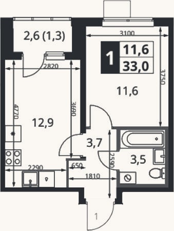 Планировка: 1-к, 31,7 м²