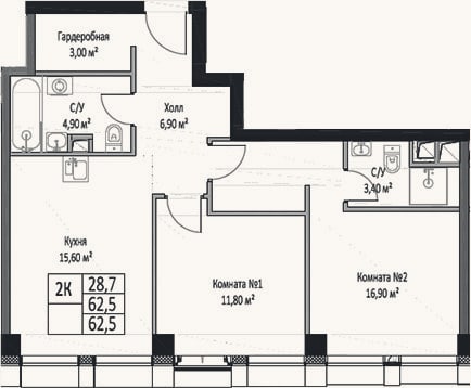 Планировка: 2-к, 62,5 м²