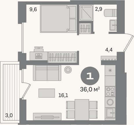 Планировка: 1-к, 33 м²