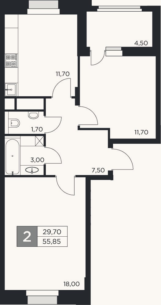 Планировка: 2-к, 53,6 м²