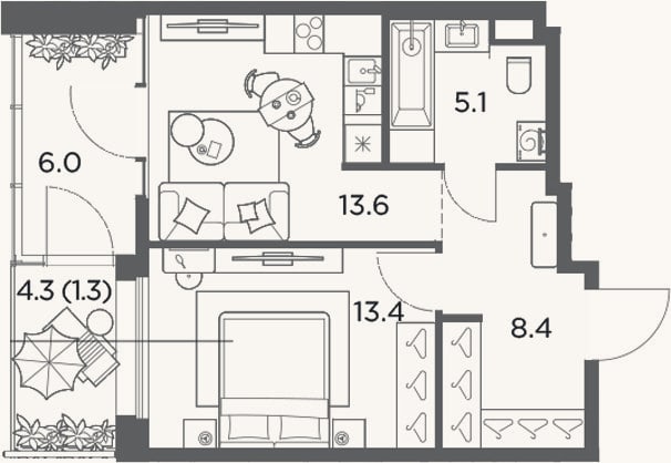 Планировка: 1-к, 46,5 м²