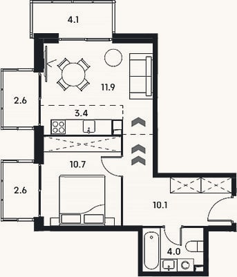 Планировка: 2-к, 40,1 м²
