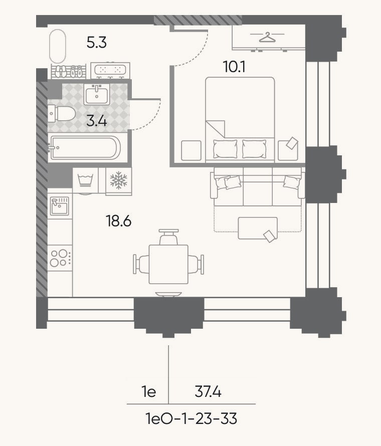 Планировка: 2-к, 37,4 м²