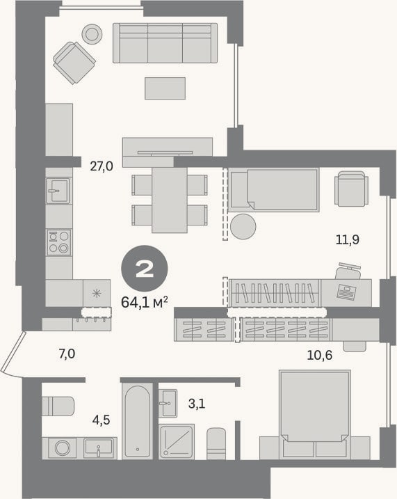 Планировка: 2-к, 64,1 м²