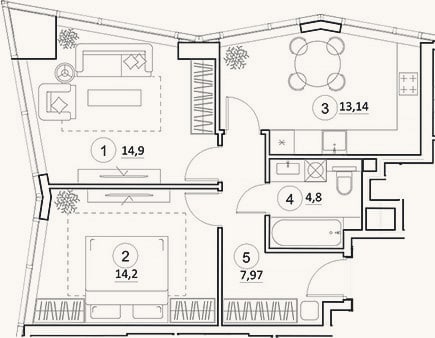 Планировка: 2-к, 55 м²