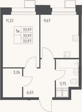 Планировка: 1-к, 34 м²