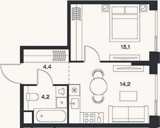 Планировка: 2-к, 35,9 м²