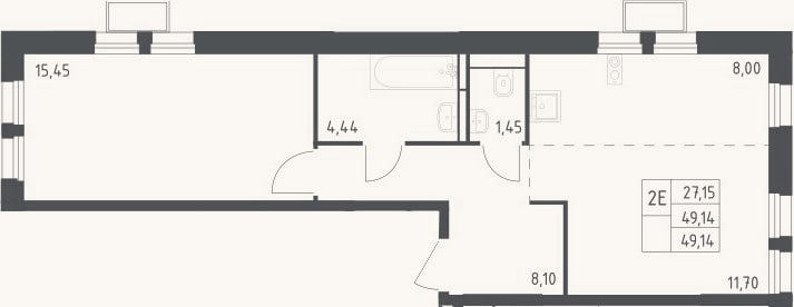 Планировка: 2-к, 49,1 м²
