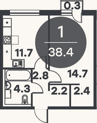 Планировка: 1-к, 38,1 м²