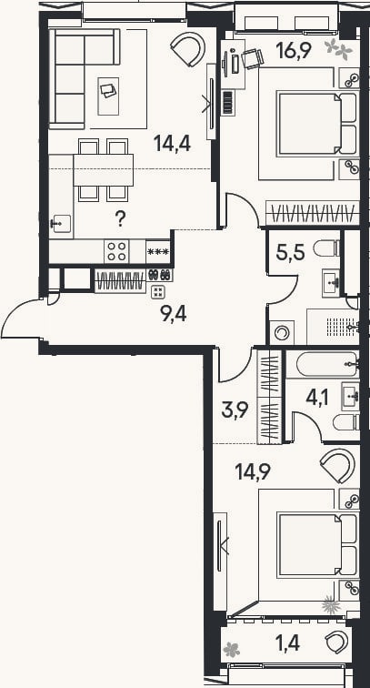 Планировка: 3-к, 78,7 м²