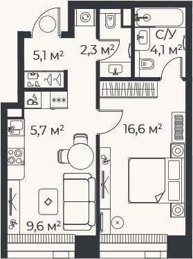 Планировка: 2-к, 43,4 м²