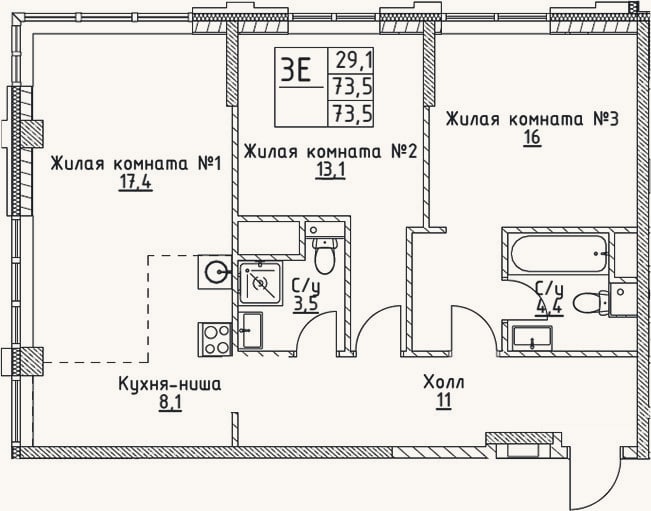 Планировка: 3-к, 73,5 м²