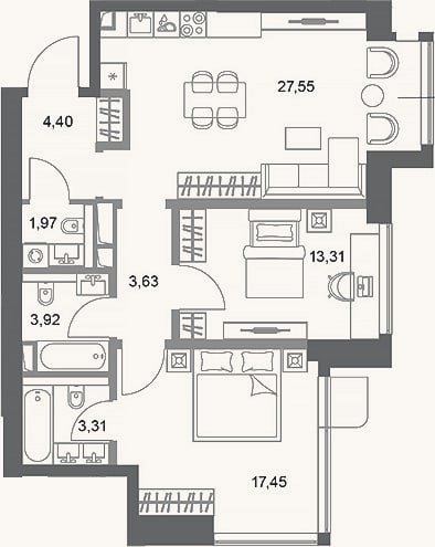 Планировка: 2-к, 75,5 м²