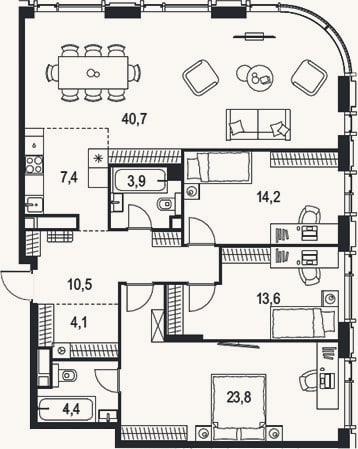 Планировка: 4+ к, 122,6 м²