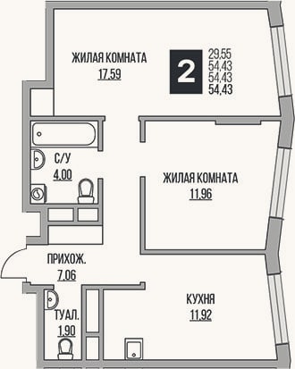 Планировка: 2-к, 54,4 м²