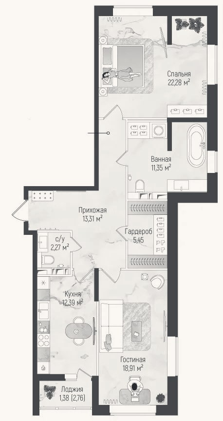 Планировка: 2-к, 86 м²
