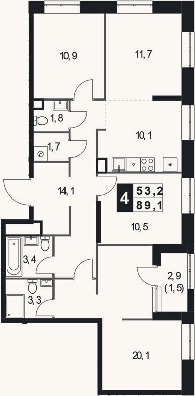 Планировка: 4+ к, 87,6 м²