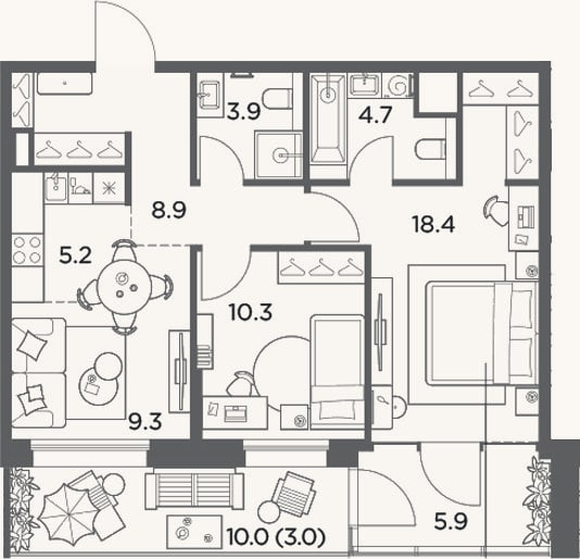 Планировка: 3-к, 66,6 м²