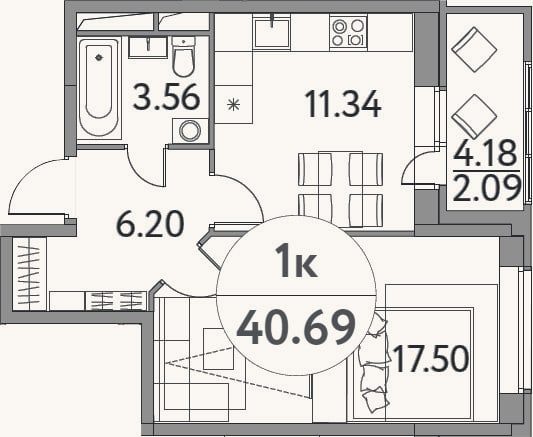 Планировка: 1-к, 38,6 м²
