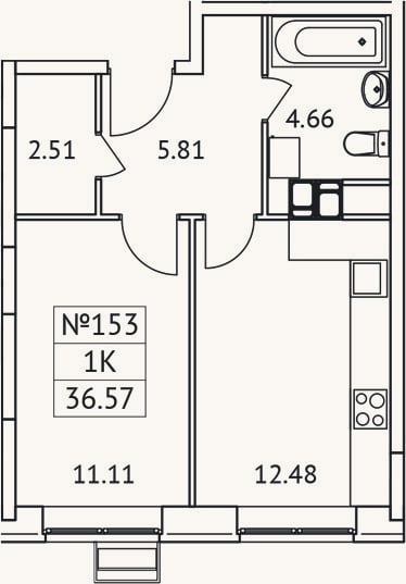 Планировка: 1-к, 36,6 м²