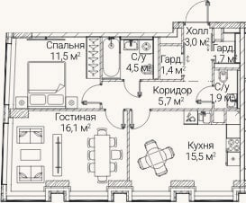 Планировка: 2-к, 62,3 м²