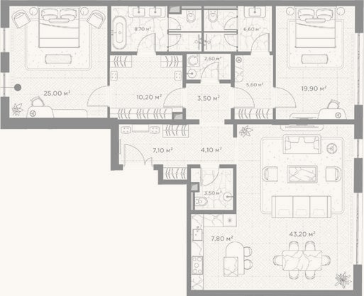 Планировка: 2-к, 147,8 м²