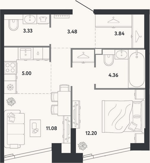 Планировка: 1-к, 43,3 м²