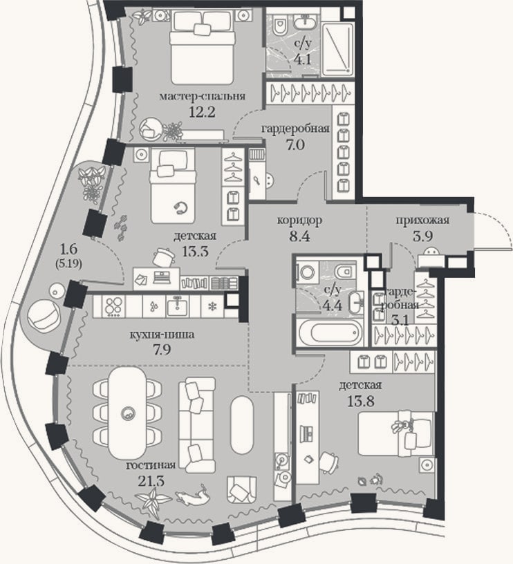 Планировка: 3-к, 99,4 м²
