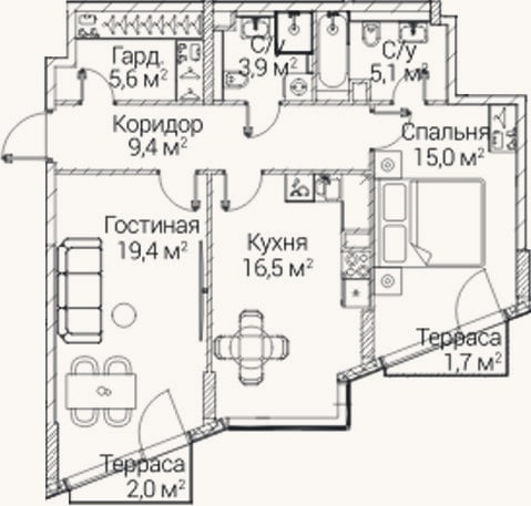 Планировка: 2-к, 72,4 м²