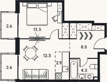 Планировка: 2-к, 40,3 м²
