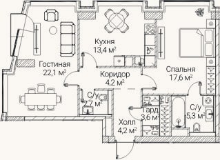 Планировка: 2-к, 72,4 м²