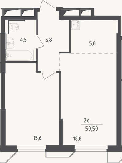 Планировка: 2-к, 50,5 м²