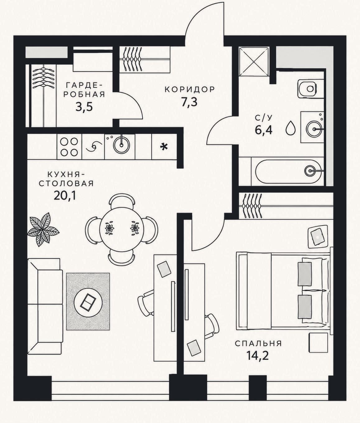 Планировка: 2-к, 51,5 м²