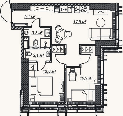 Планировка: 3-к, 50,8 м²