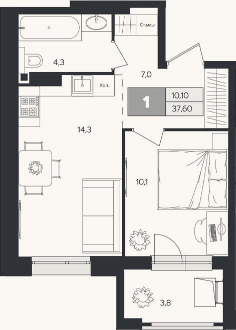 Планировка: 1-к, 35,7 м²