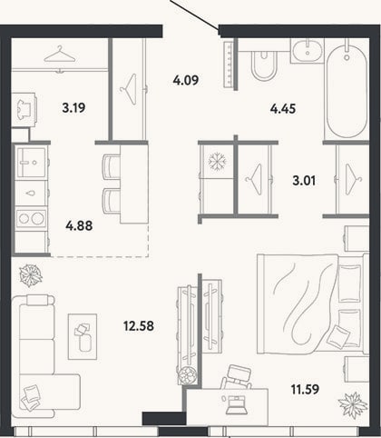 Планировка: 1-к, 43,8 м²