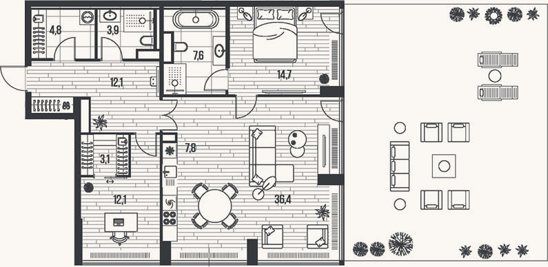 Планировка: 3-к, 102,5 м²