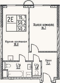 Планировка: 2-к, 50,2 м²