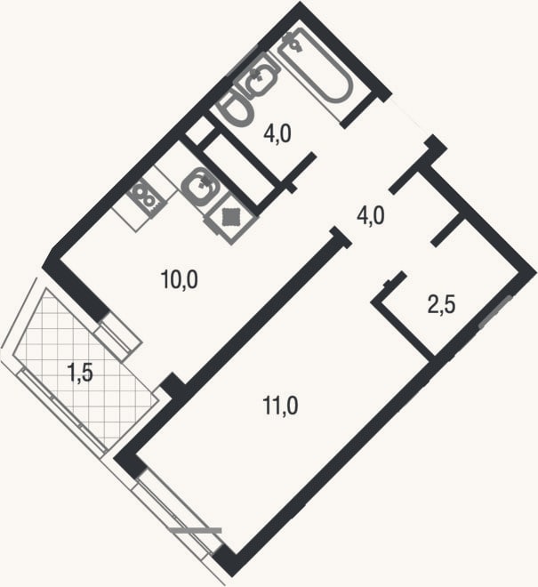 Планировка: 1-к, 31,5 м²