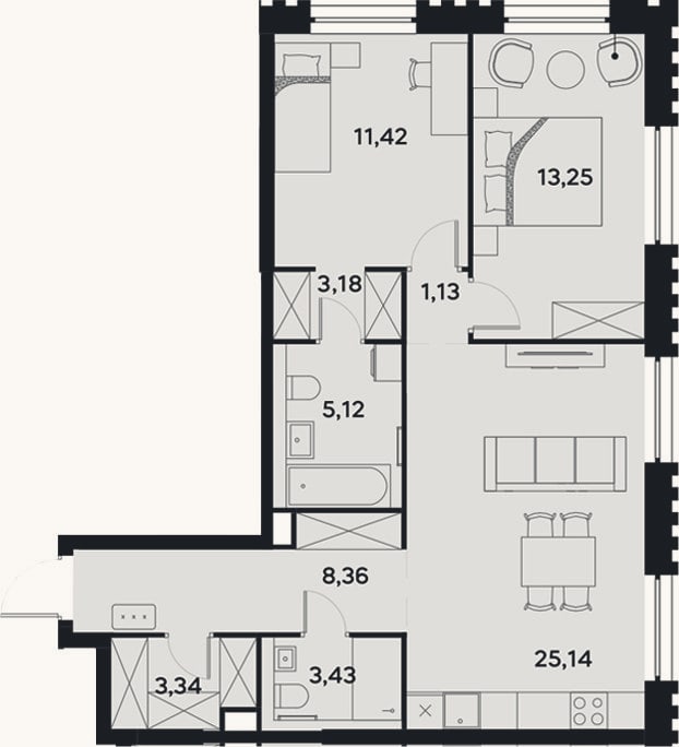 Планировка: 3-к, 74,4 м²
