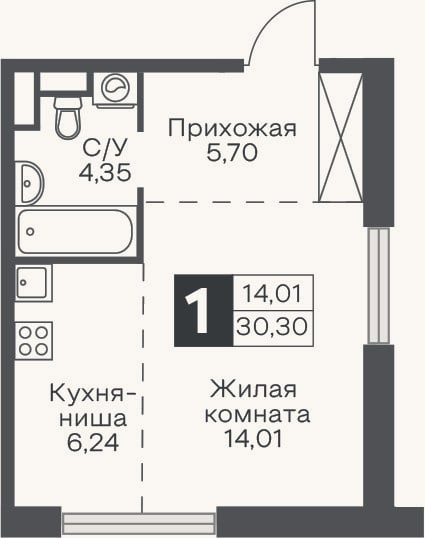 Планировка: Студия, 30,3 м²