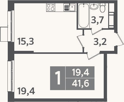 Планировка: 1-к, 41,6 м²