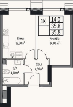 Планировка: 1-к, 35,8 м²